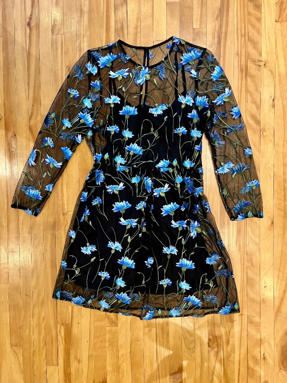Embroidered floral cocktail dress in sheer black - Size UK 16 / US 12